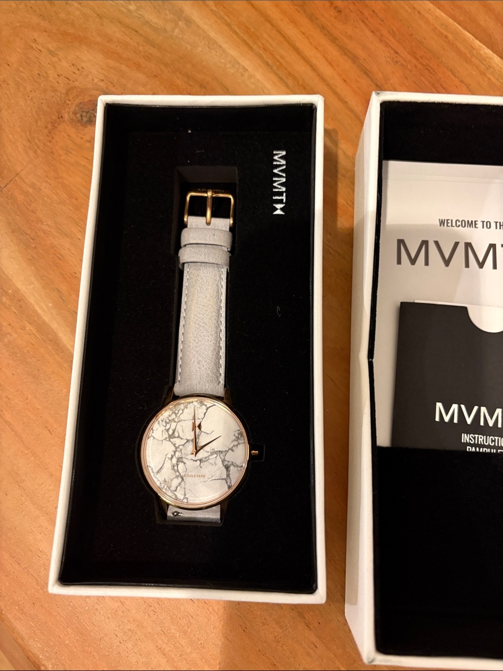 MVMT Womens Marble Dial Watch with Light Gray Strap and Gold Accents